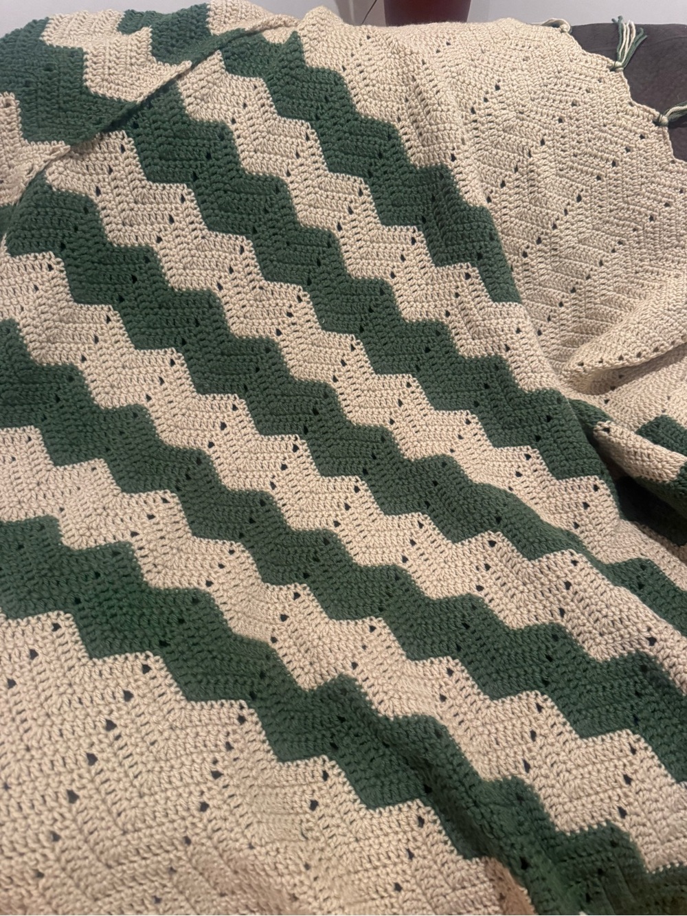 Chevron Crochet Throw Blanket in Cream and Forest Green